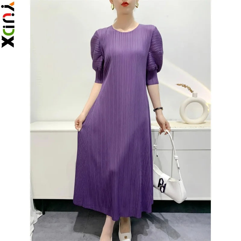 YUDX Miyake Pleated Fashion Women's Dresses Loose Plus Size Medium-length Round Neck Short-sleeved Girls Dresses 2024 Summer New