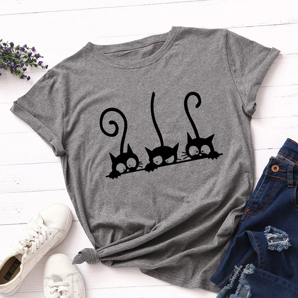 100% Cotton Women T Shirt New Cat Print T-shirts Female Short Sleeve Tees Tops Woman Summer Tshirt