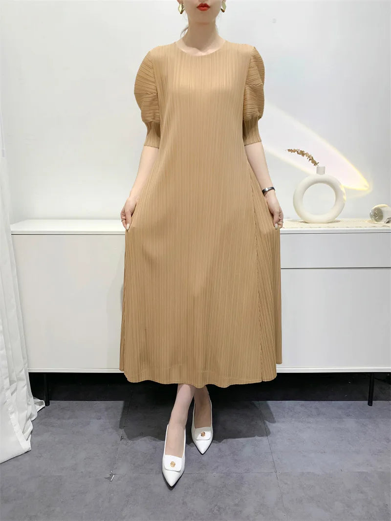 YUDX Miyake Pleated Fashion Women's Dresses Loose Plus Size Medium-length Round Neck Short-sleeved Girls Dresses 2024 Summer New