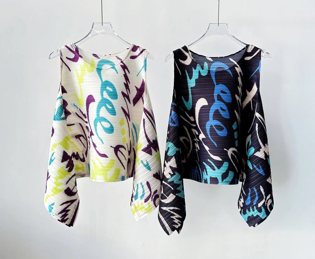 YUDX Vibrant Graffiti Print Miyake Pleated Asymmetric Sleeveless Top Lightweight Breathable Loose Fit Women's 2026 Summer Blouse