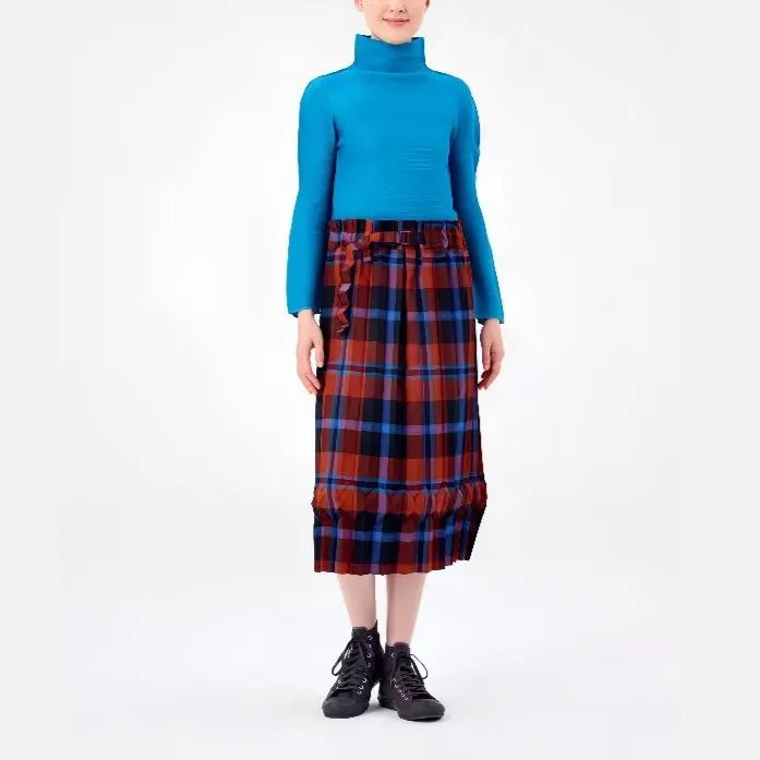 Blue Black Plaid Pleated Asymmetric Skirt Ruffle Trim Skirt Retro Modern Chic Stylish Trendy Daily Layering Essential Pieces