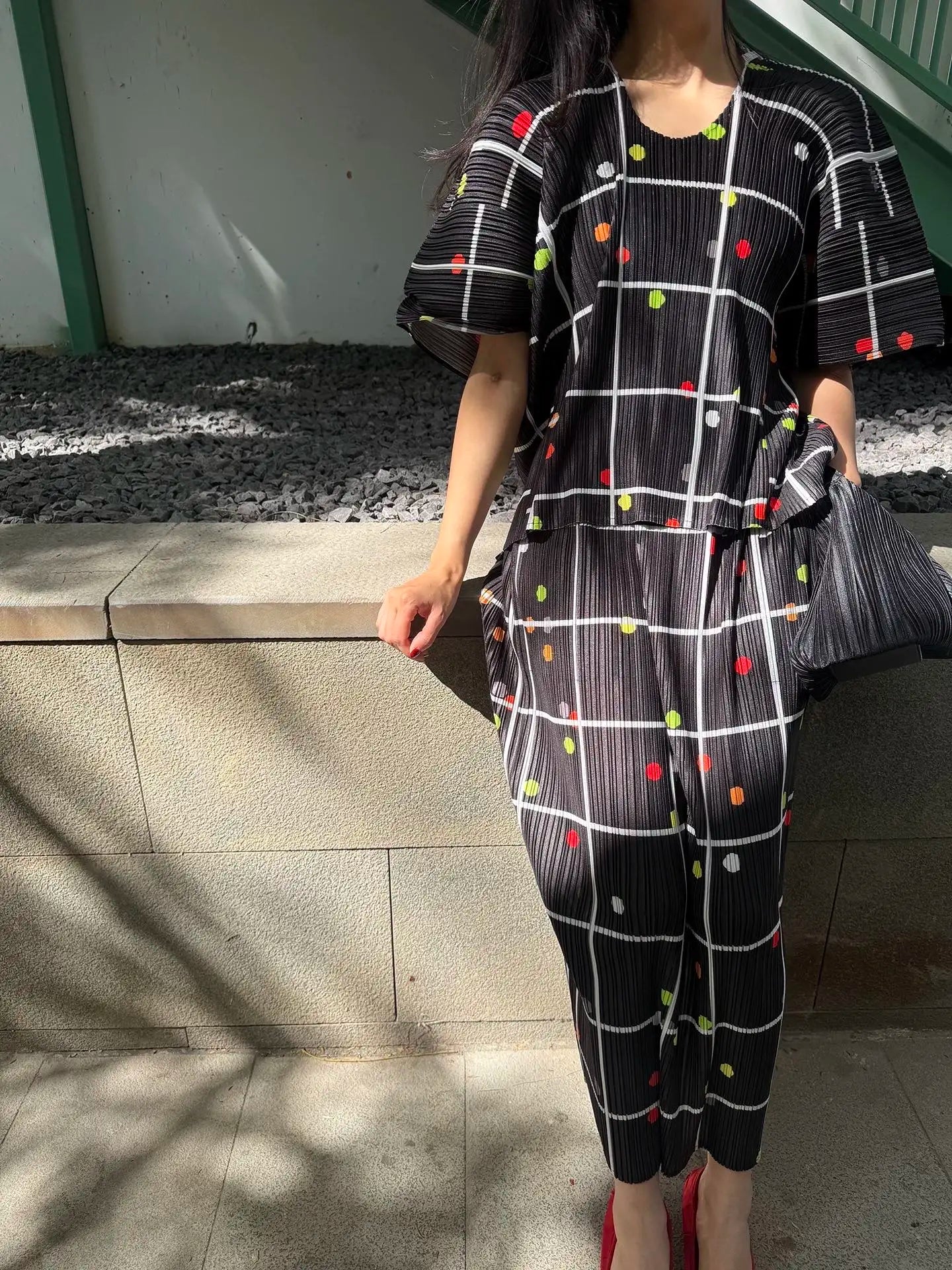 YUDX Black White Grid Colorful Polka Dot Print Pleated 2 Piece Set Short Sleeve Loose Fit 2026 Trendy Vacation Women Casual Set