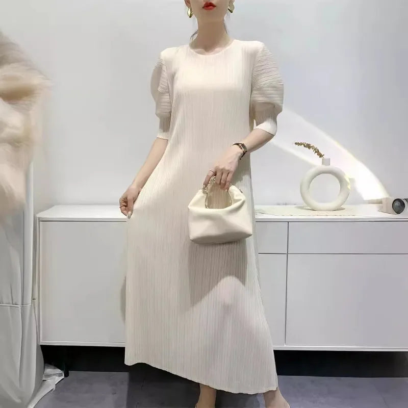 YUDX Miyake Pleated Fashion Women's Dresses Loose Plus Size Medium-length Round Neck Short-sleeved Girls Dresses 2024 Summer New