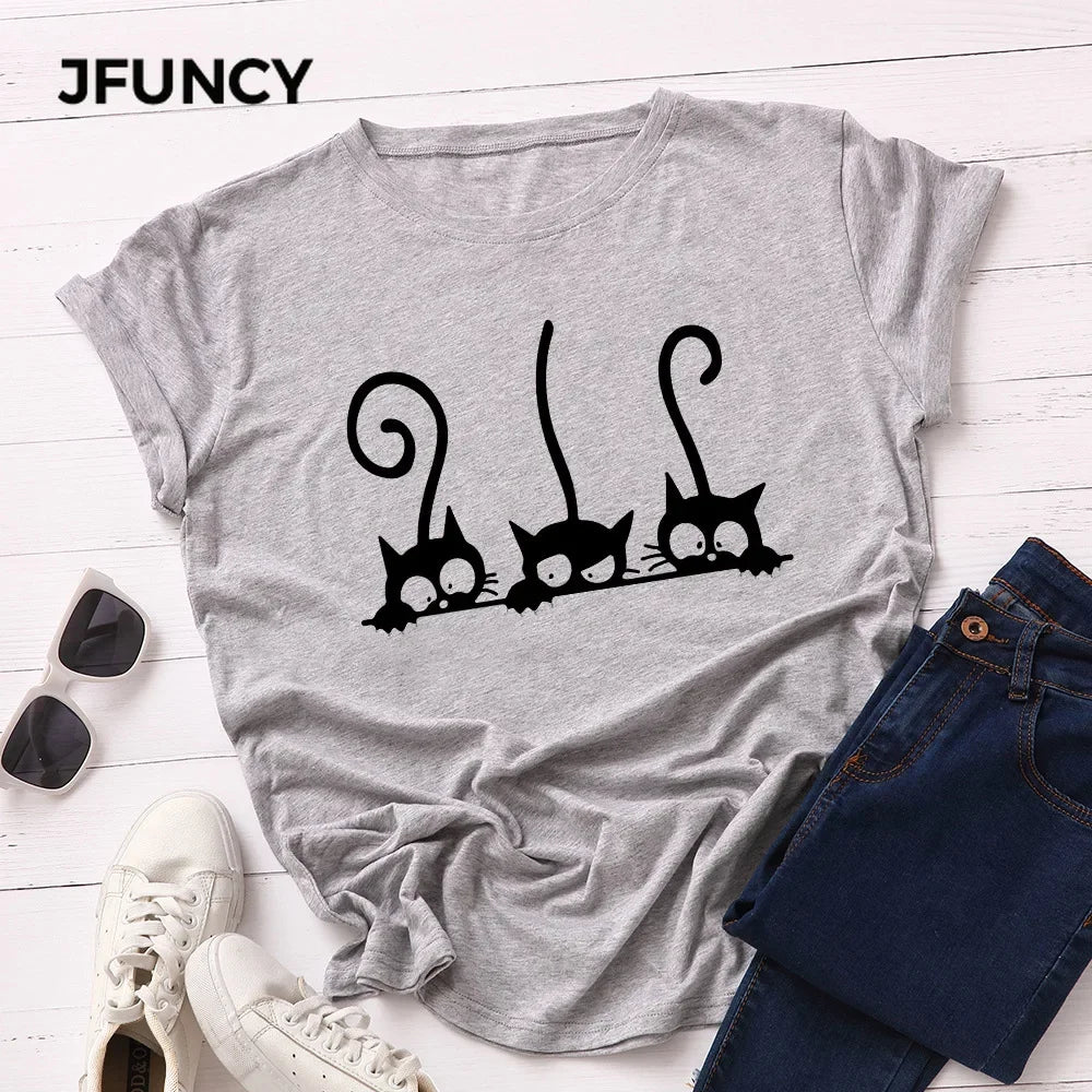 100% Cotton Women T Shirt New Cat Print T-shirts Female Short Sleeve Tees Tops Woman Summer Tshirt