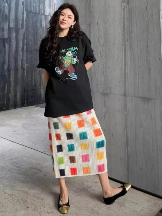 YUDX Miyake Pleated Printed Half Skirt 2025 Summer New Plaid High Waist A-Line Skirt