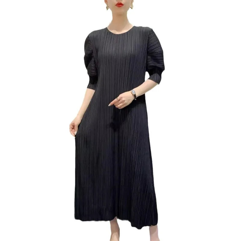YUDX Miyake Pleated Fashion Women's Dresses Loose Plus Size Medium-length Round Neck Short-sleeved Girls Dresses 2024 Summer New