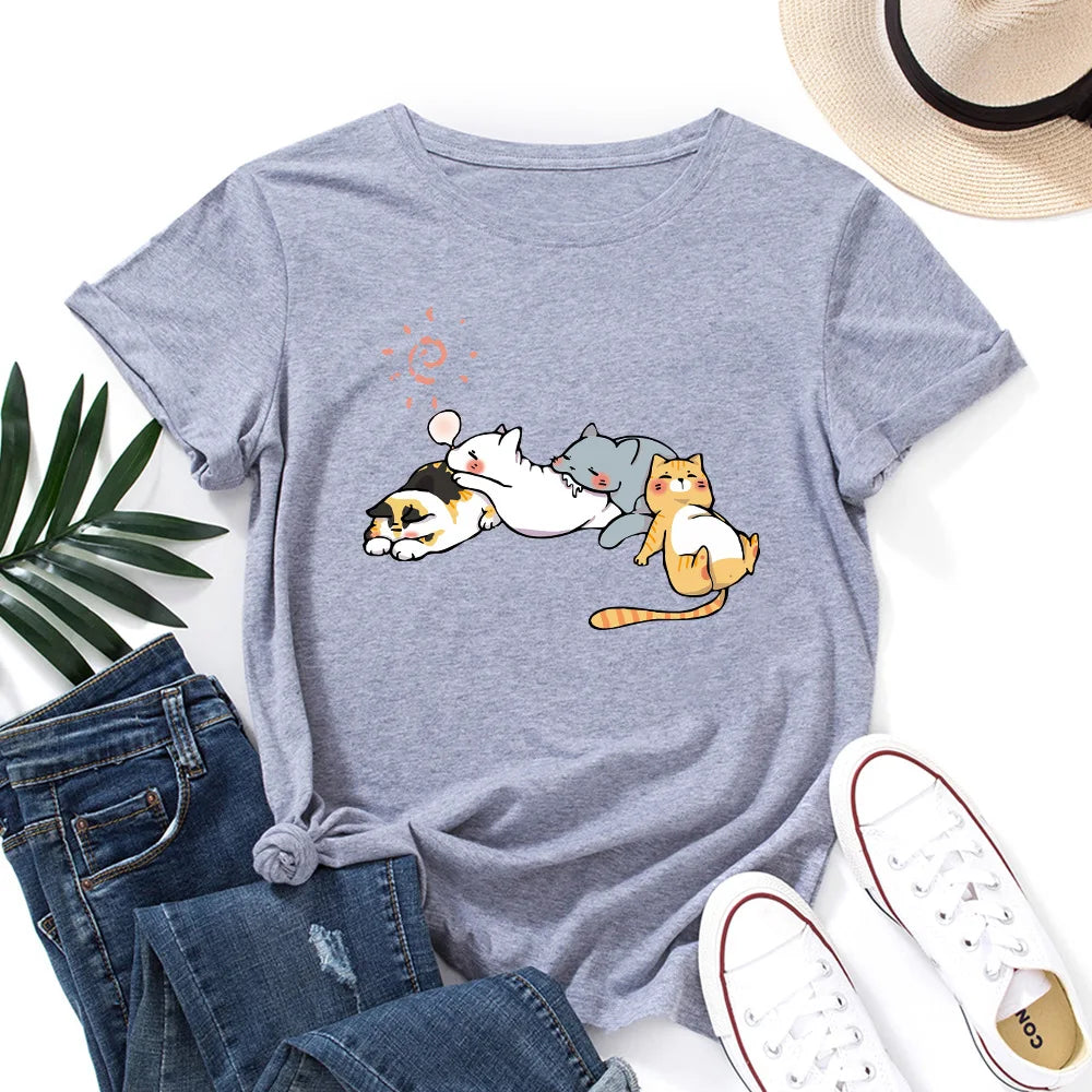 100% Cotton Women Tshirt Sleeping Cat Graphic Print Loose Tees Shirt Short Sleeve Woman T-shirt Summer Female Tops