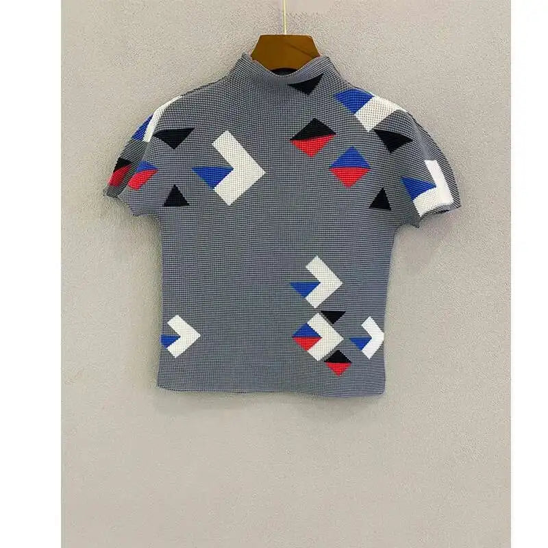 YUDX Printing Pleated T Shrit Woman Turtleneck Short Sleeve Pullover Elastic Slim Fit Tops High Street 2025 New Summer