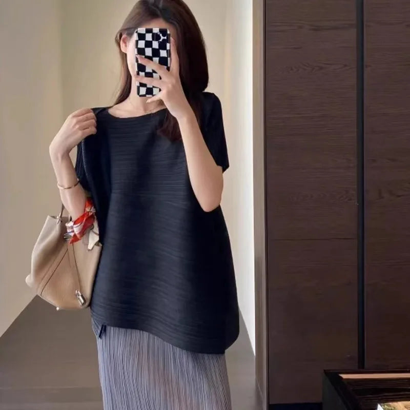 Pleated Fashion Temperament Solid Loose Plus Size Comfortable Diagonal Hem Top + Wrap Hip Half Skirt Summer Wear 2024 Summer New