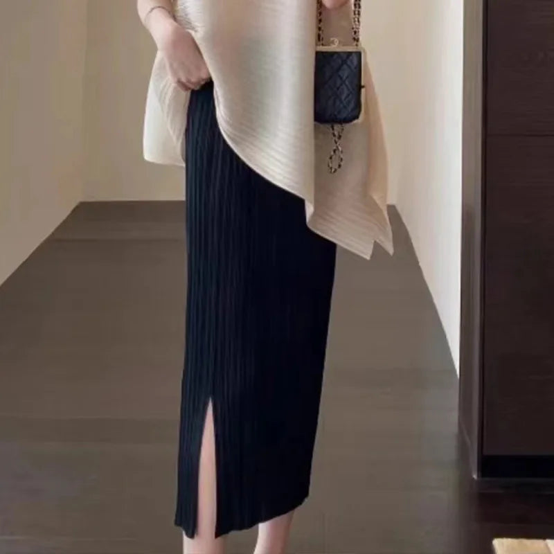 Pleated Fashion Temperament Solid Loose Plus Size Comfortable Diagonal Hem Top + Wrap Hip Half Skirt Summer Wear 2024 Summer New