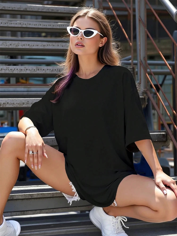 2026 Spring Summer Women's Casual T-shirts High Quality 100% Cotton Soft O-neck Tees Female Home Outdoor Comfort Pure Color Tops