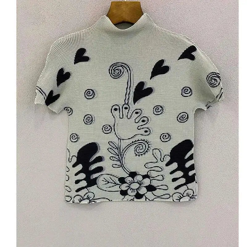 YUDX Printing Pleated T Shrit Woman Turtleneck Short Sleeve Pullover Elastic Slim Fit Tops High Street 2025 New Summer