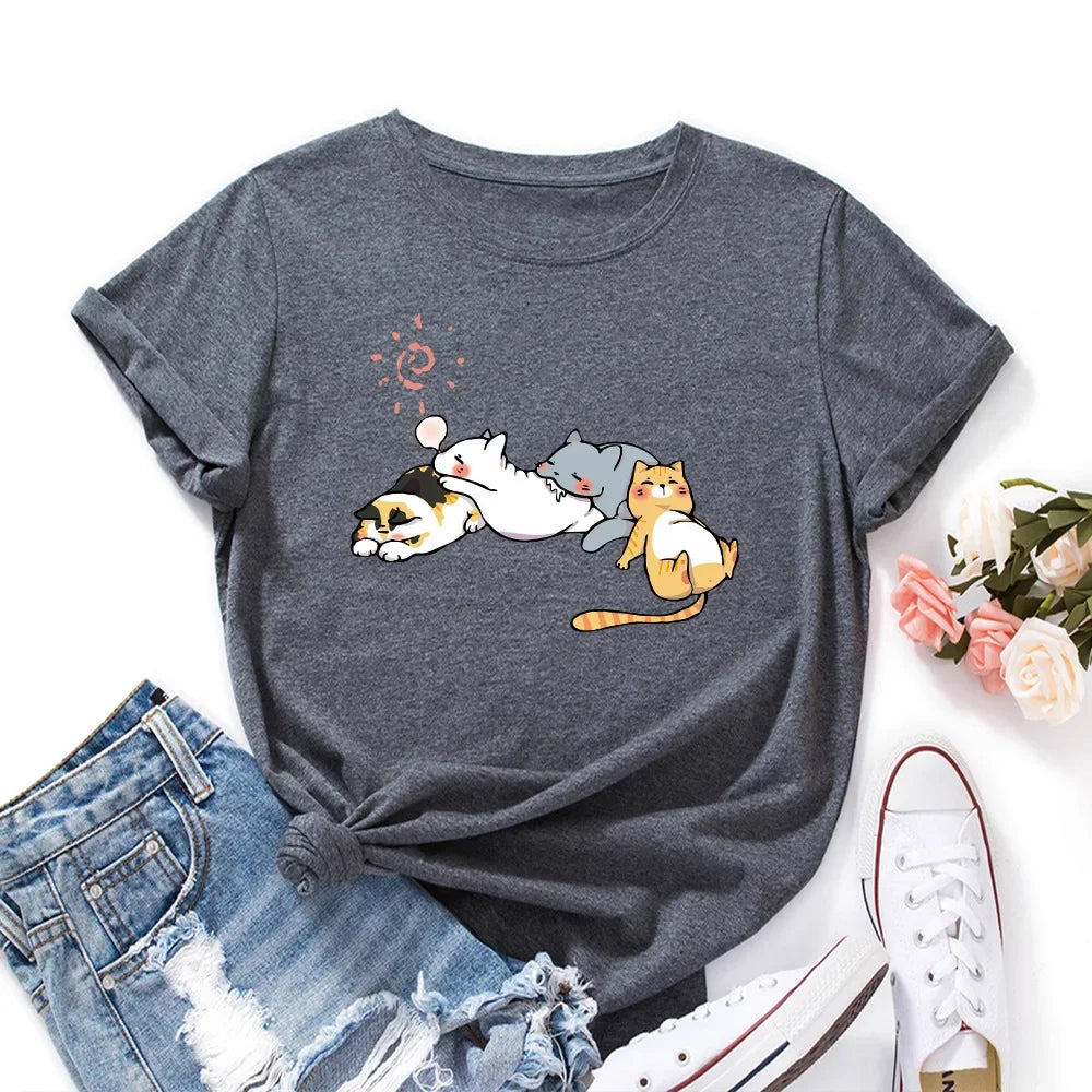 100% Cotton Women Tshirt Sleeping Cat Graphic Print Loose Tees Shirt Short Sleeve Woman T-shirt Summer Female Tops