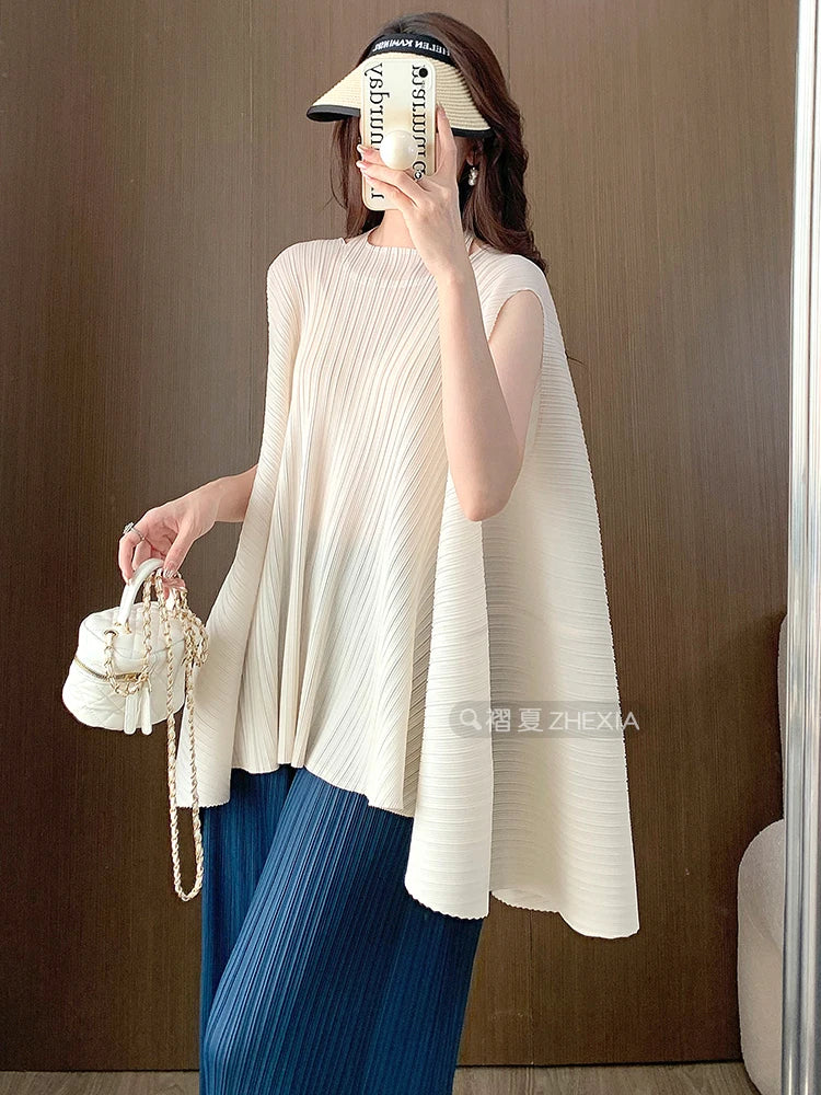 YUDX Ivory Miyake Pleated Sleeveless Tunic Top Lightweight Wrinkle-Resistant Women's Casual Daily Vacation Beach Office Blouse
