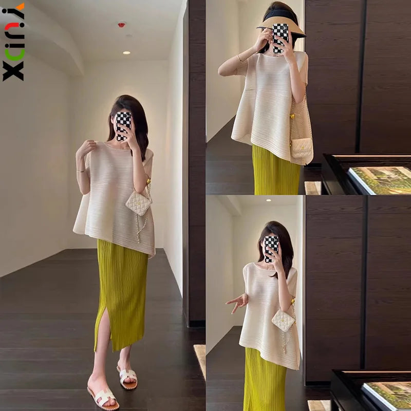 Pleated Fashion Temperament Solid Loose Plus Size Comfortable Diagonal Hem Top + Wrap Hip Half Skirt Summer Wear 2024 Summer New