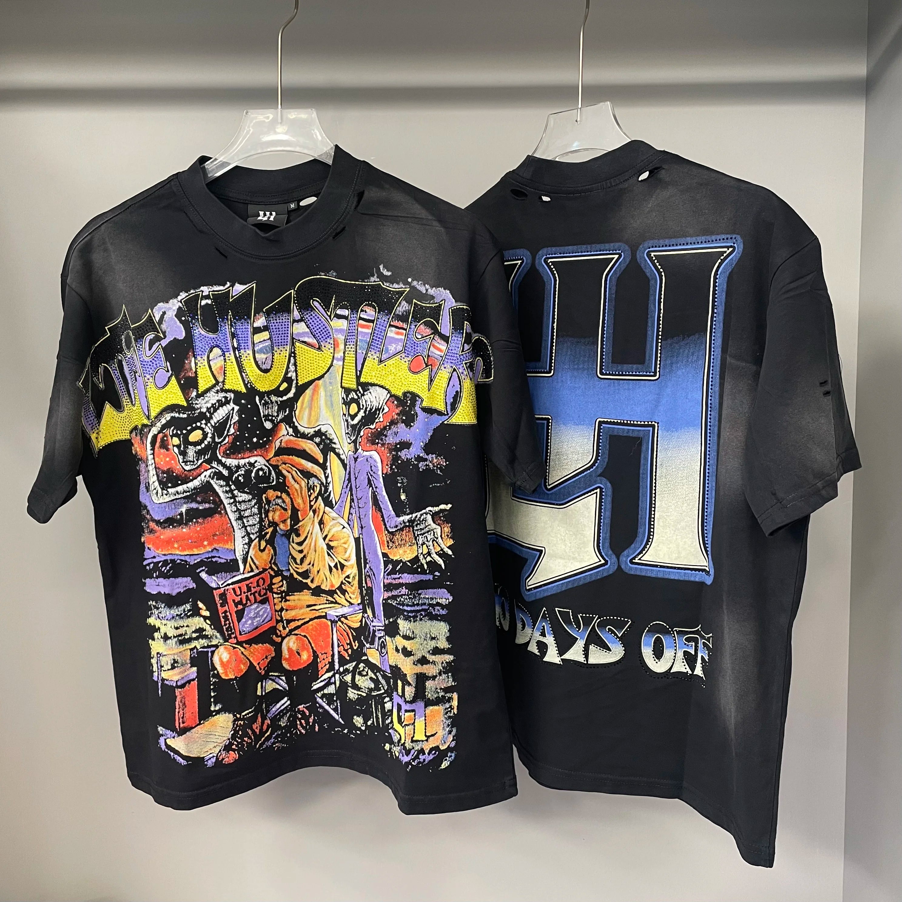 New fashion brand LIFE HUSTLERS Y2K hot stamping hole Men Women T-shirt Streetwear 100% Cotton Loose Round Neck Top Tees
