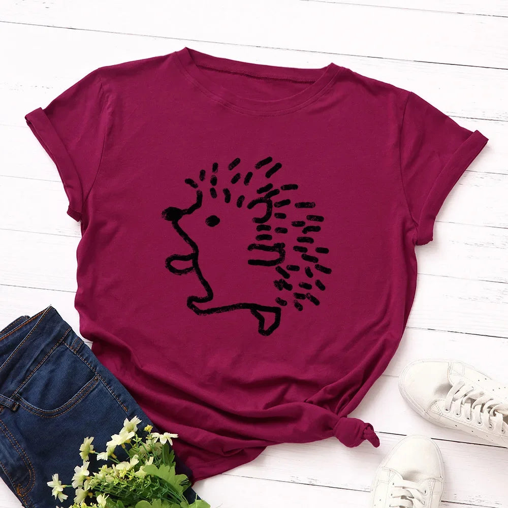 100% Cotton Women T-shirts Cute Hedgehog Printed Graphic T Shirts Woman Short Sleeve Tees Top Female Clothing Ladies Tshirt