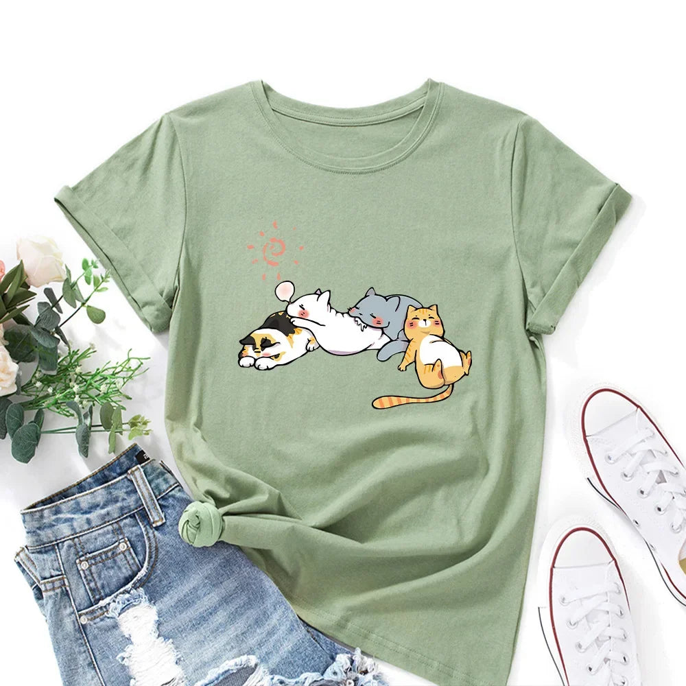 100% Cotton Women Tshirt Sleeping Cat Graphic Print Loose Tees Shirt Short Sleeve Woman T-shirt Summer Female Tops