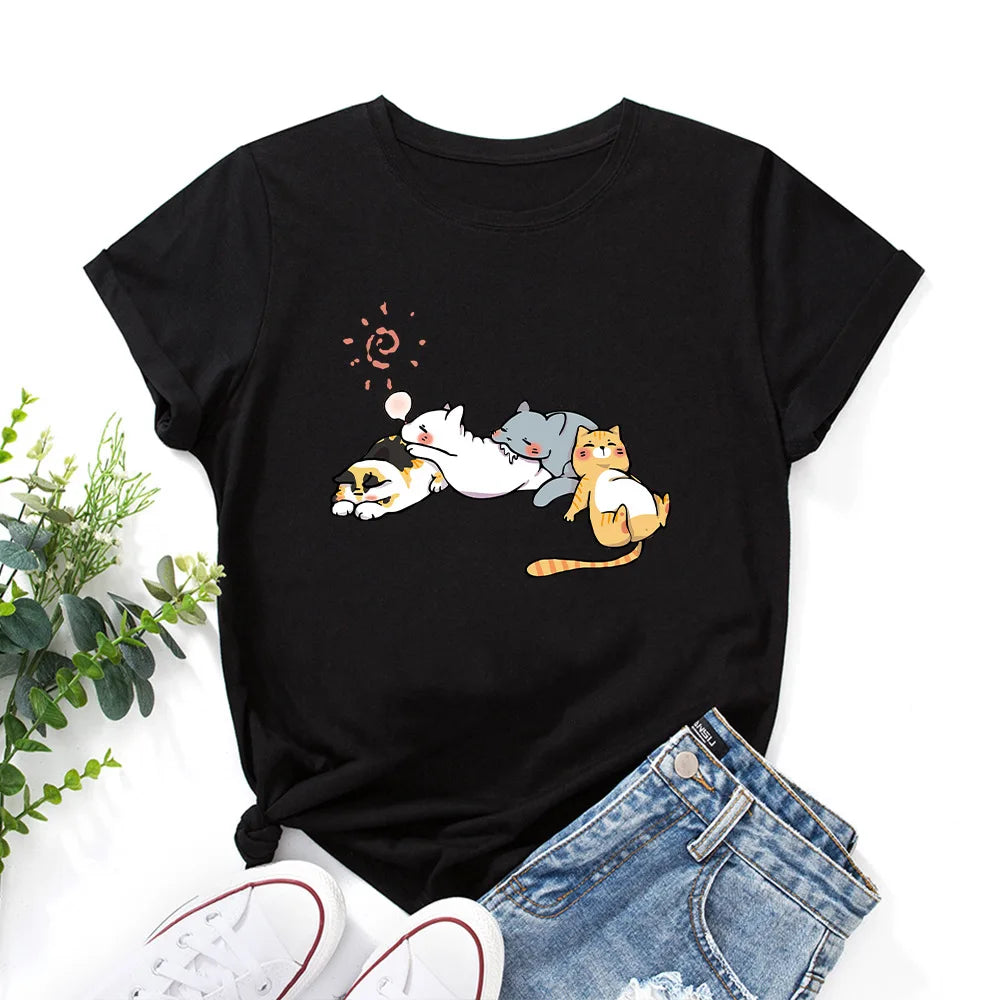 100% Cotton Women Tshirt Sleeping Cat Graphic Print Loose Tees Shirt Short Sleeve Woman T-shirt Summer Female Tops