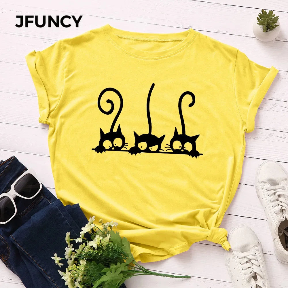 100% Cotton Women T Shirt New Cat Print T-shirts Female Short Sleeve Tees Tops Woman Summer Tshirt