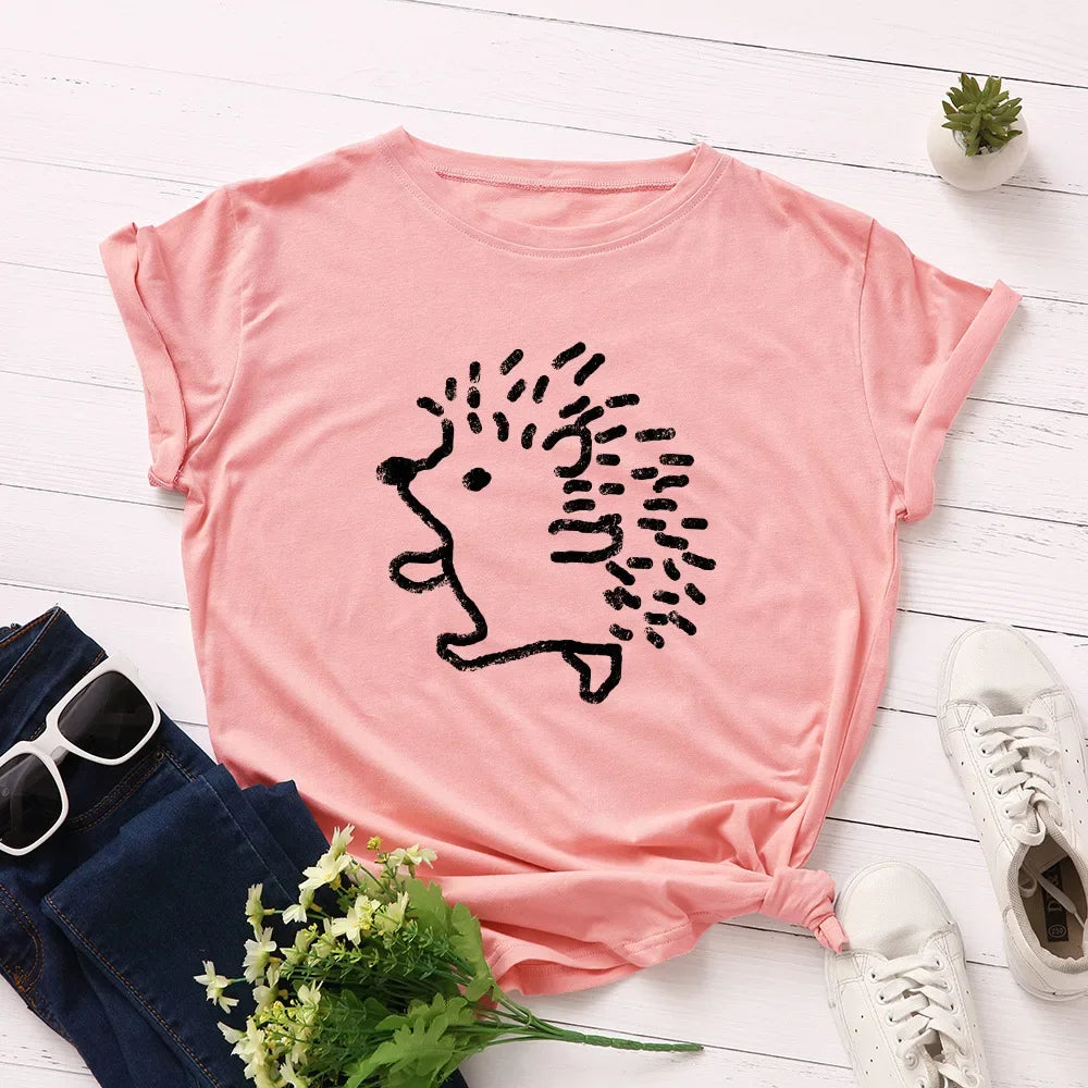 100% Cotton Women T-shirts Cute Hedgehog Printed Graphic T Shirts Woman Short Sleeve Tees Top Female Clothing Ladies Tshirt