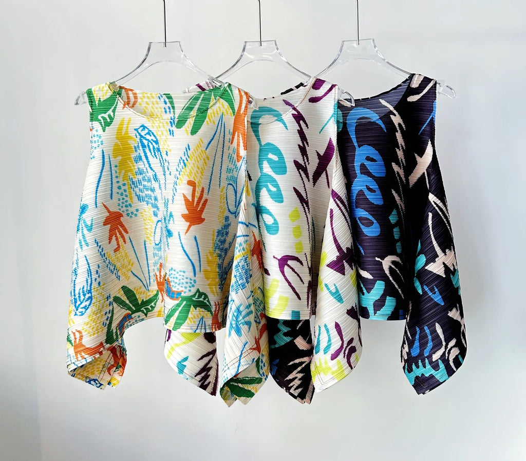 YUDX Vibrant Graffiti Print Miyake Pleated Asymmetric Sleeveless Top Lightweight Breathable Loose Fit Women's 2026 Summer Blouse