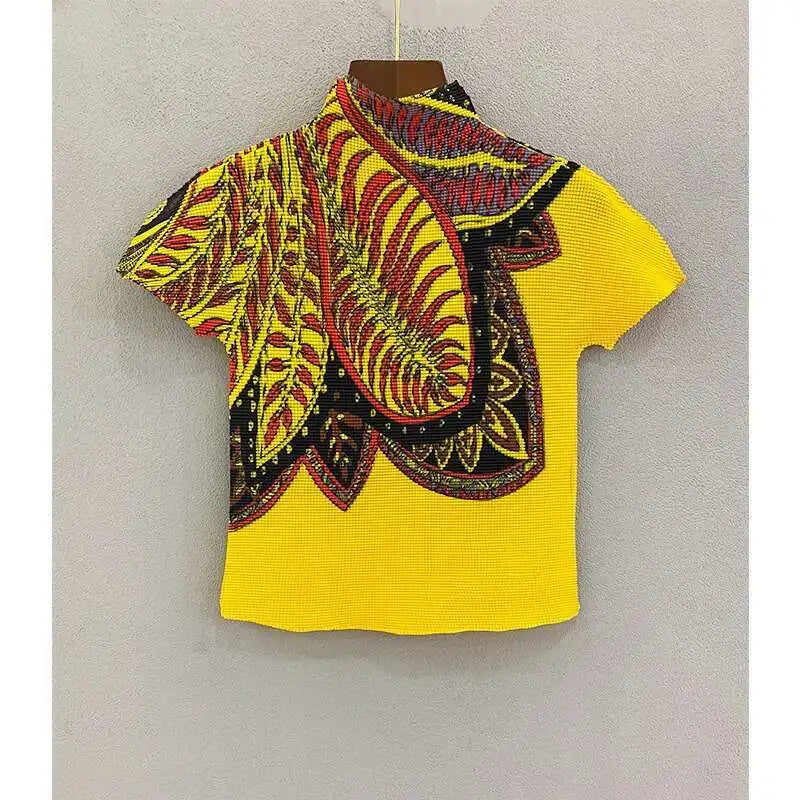 YUDX Printing Pleated T Shrit Woman Turtleneck Short Sleeve Pullover Elastic Slim Fit Tops High Street 2025 New Summer