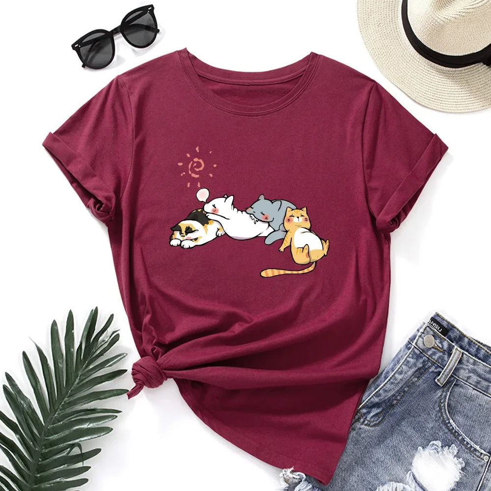 100% Cotton Women Tshirt Sleeping Cat Graphic Print Loose Tees Shirt Short Sleeve Woman T-shirt Summer Female Tops