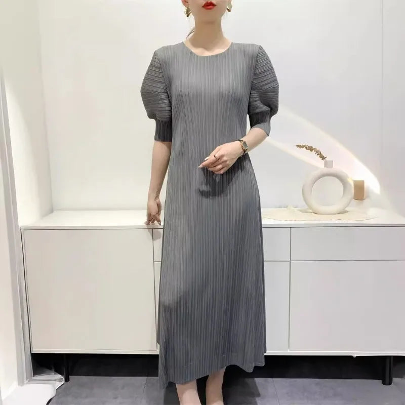 YUDX Miyake Pleated Fashion Women's Dresses Loose Plus Size Medium-length Round Neck Short-sleeved Girls Dresses 2024 Summer New