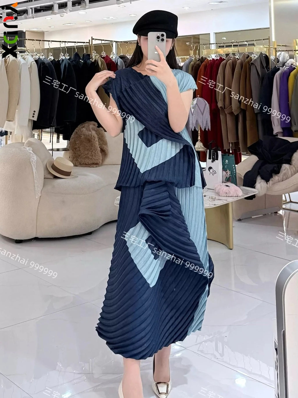 YUDX Black Geometric Print Miyake Pleated Sleeveless Asymmetric Top+Skirt Set Lightweight Women's Casual Resort Stylish Co-ords