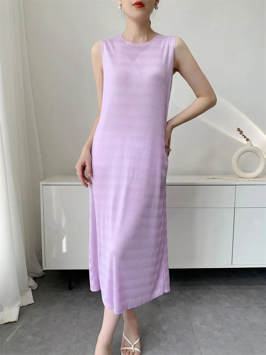 YUDX  2026 Summer Cooling Dress Miyake Pleated Round Neck Sleeveless Midi Dress Lightweight Women's Casual Resort Stylish Dress