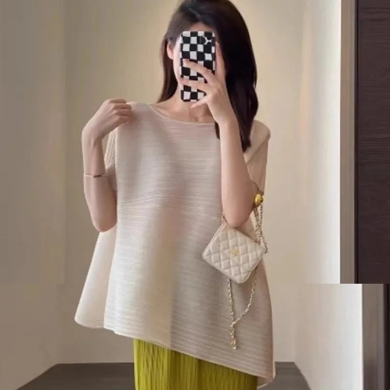 Pleated Fashion Temperament Solid Loose Plus Size Comfortable Diagonal Hem Top + Wrap Hip Half Skirt Summer Wear 2024 Summer New