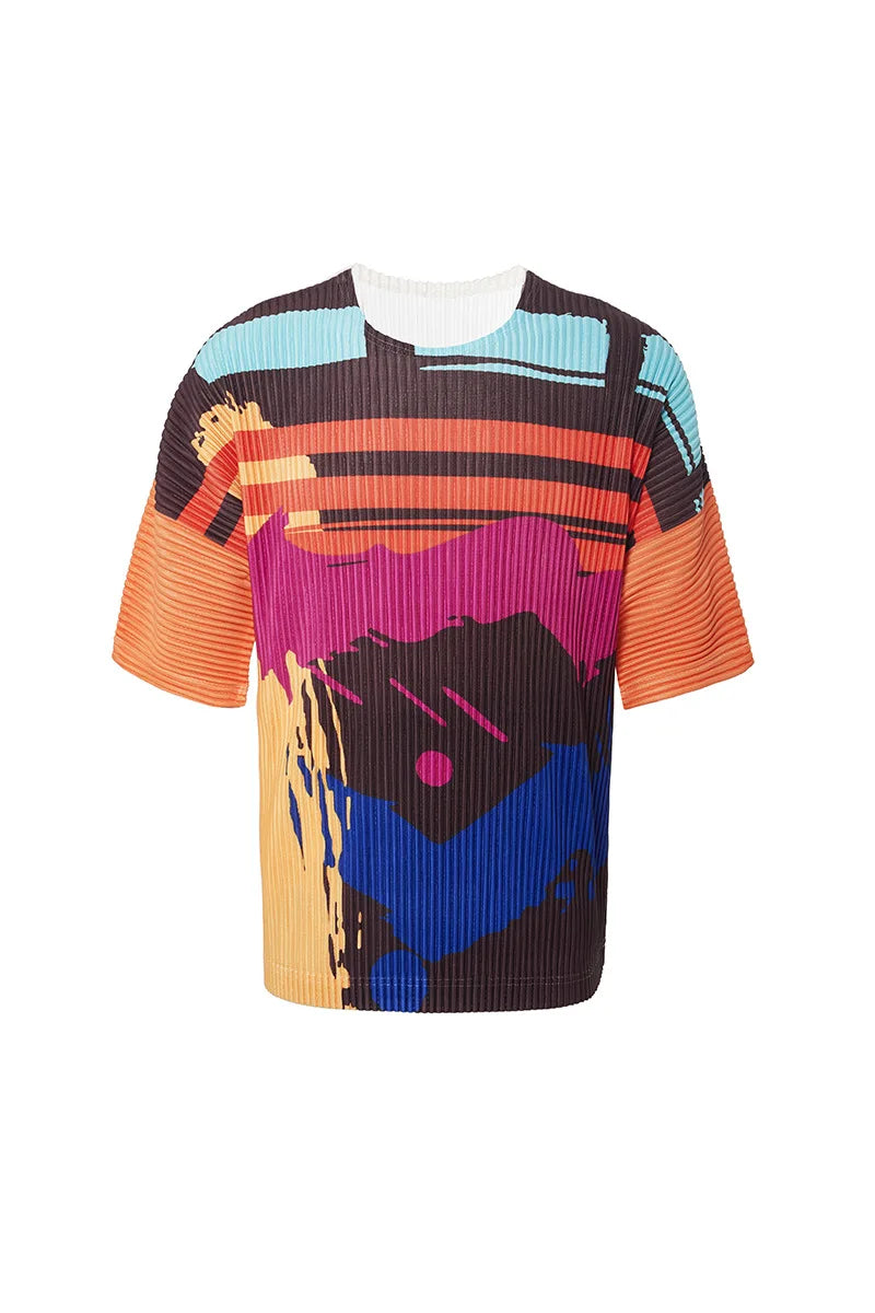 YUDX Pleated Men's Tops Printed T-shirt Loose Plus Size Short Sleeve Round Neck T-Shirt 2024 Summer New